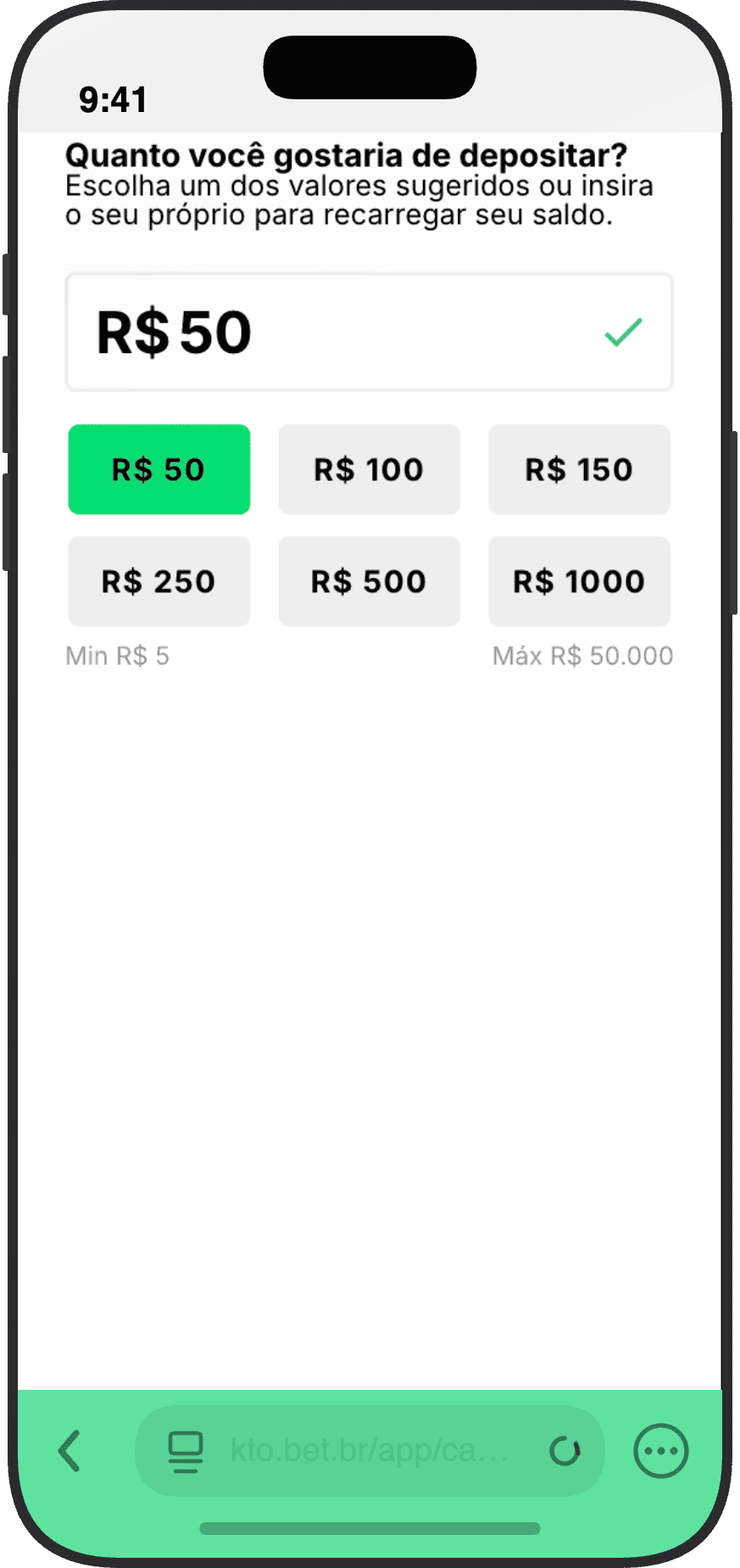 Tela de depósito do KTO via Pix com valores sugeridos e limites de R$ 5 mínimo e R$ 50.000 máximo