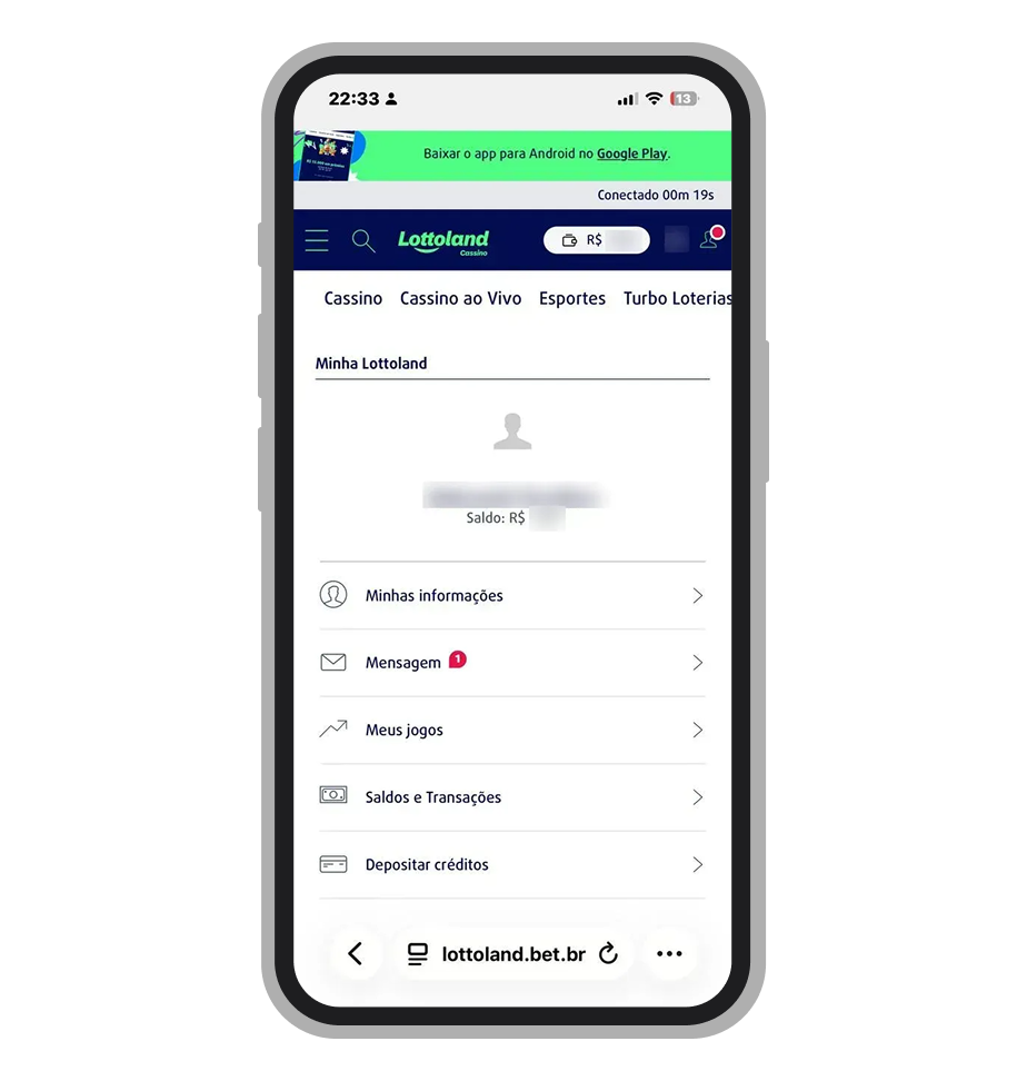 Menu da conta na Lottoland com opções Depositar créditos e Saque de prêmios