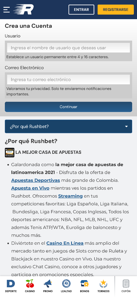 App Rushbet: la pantalla principal