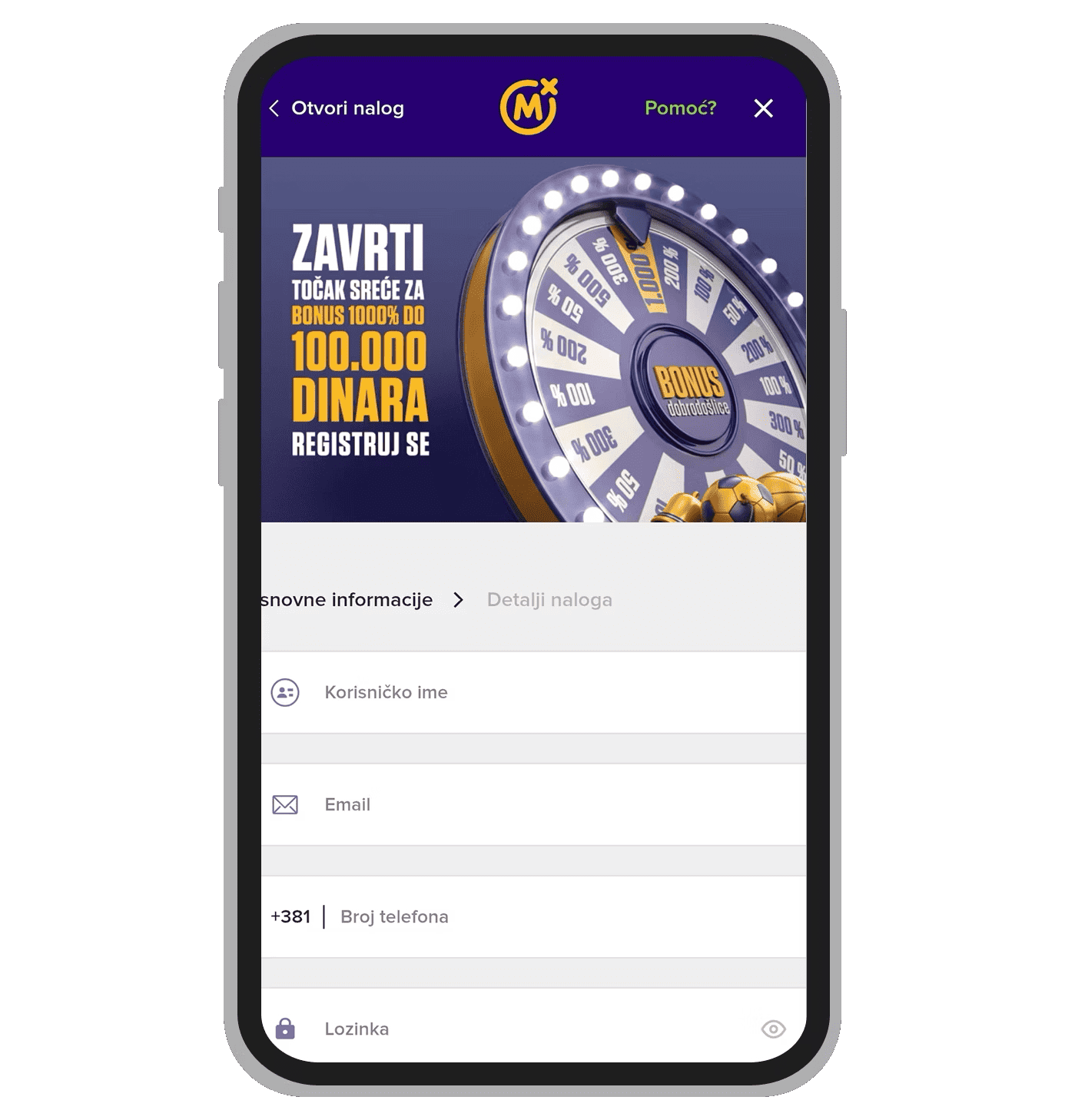 Primer registracije u kladionici Mozzart Bet