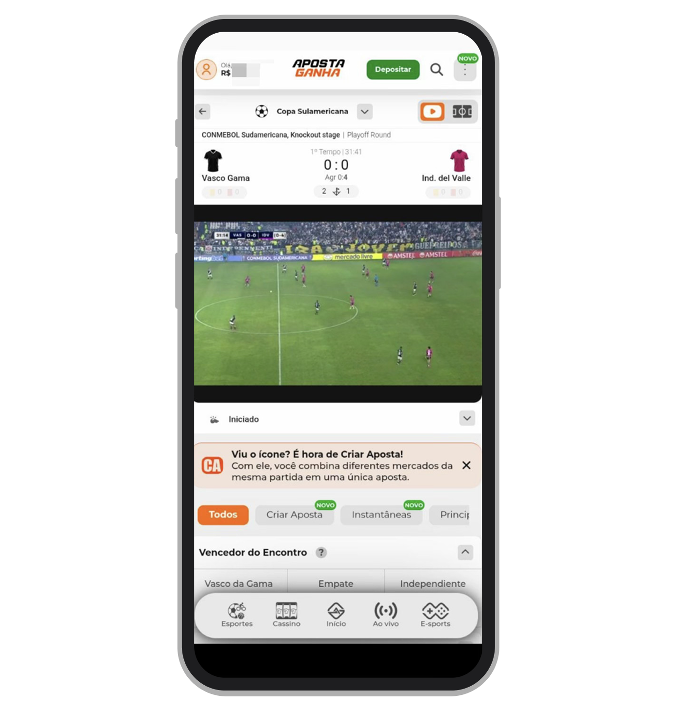 Transmissão ao vivo no app da Aposta Ganha