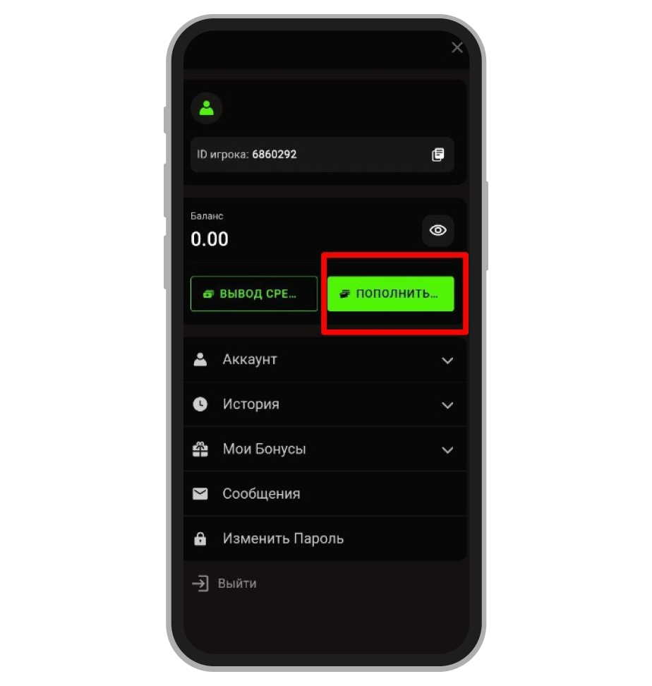 Кнопка пополнить в приложении «Бетера»