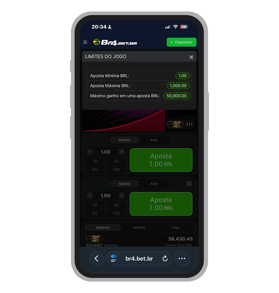 Tela do Aviator na Br4bet com limite de aposta máxima de R$ 1.000 por rodada