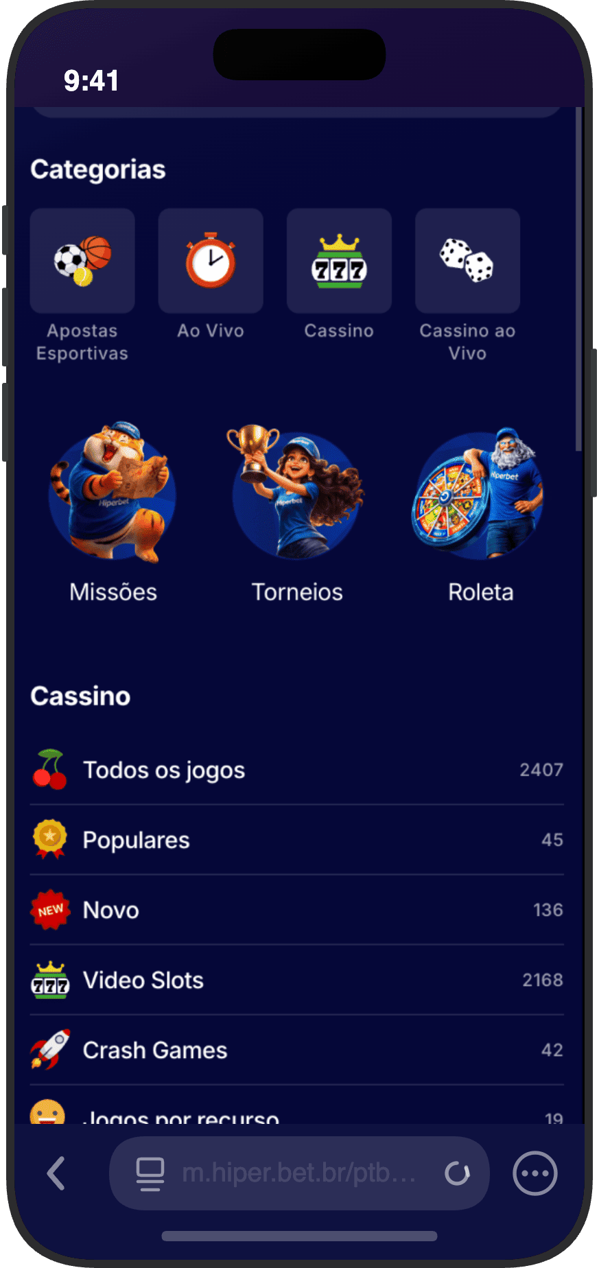 Menu de categorias da HiperBet com contagem de jogos