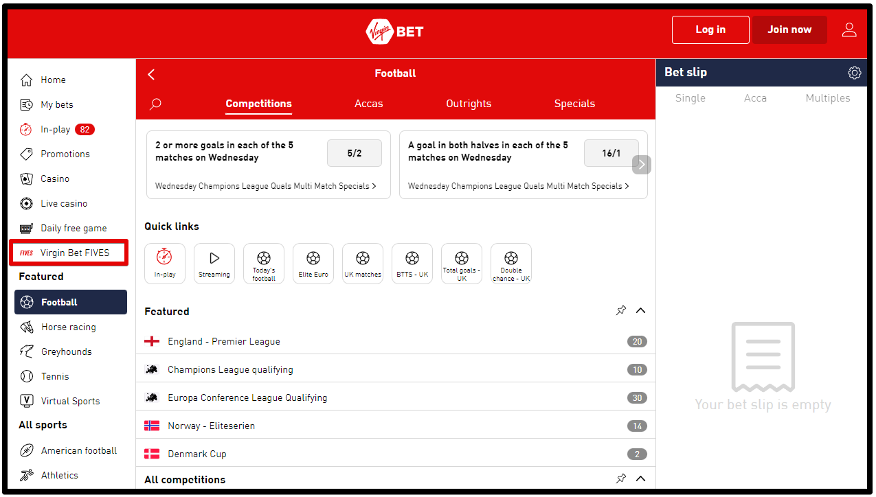 Virgin 5 tab on the bookmaker's website