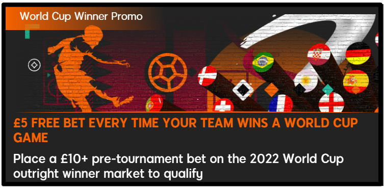 Bet £10 on tournament winner for £5 Free bets every time they win.