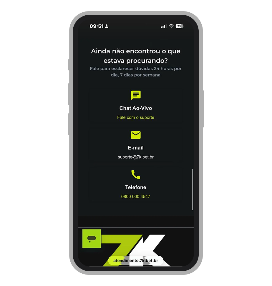 Contatos do suporte da 7K no Central de ajuda 
