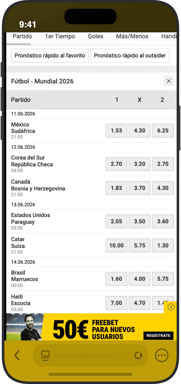 Línea de partidos del Mundial 2026 en Interwetten con cuotas 1X2 y banner de freebet de 50 euros para nuevos usuarios