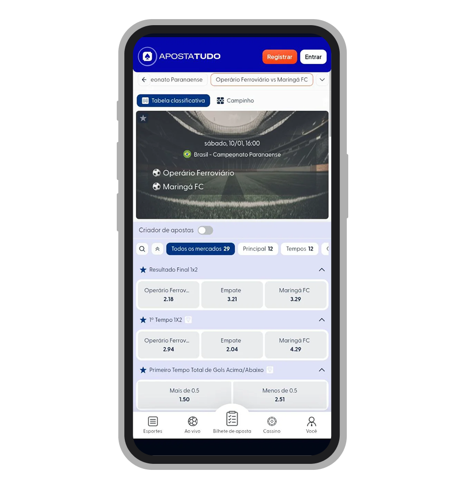 Tela de evento esportivo no aplicativo Apostatudo mostrando informações da partida e mercados disponíveis
