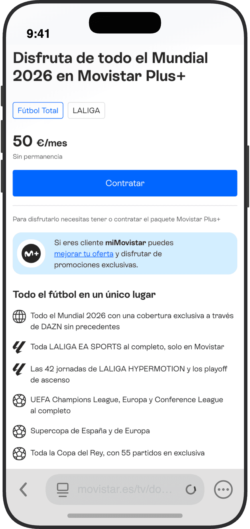 Página de Movistar Plus con paquete Fútbol Total por 50 euros al mes para ver el Mundial 2026 con DAZN y todas las ligas