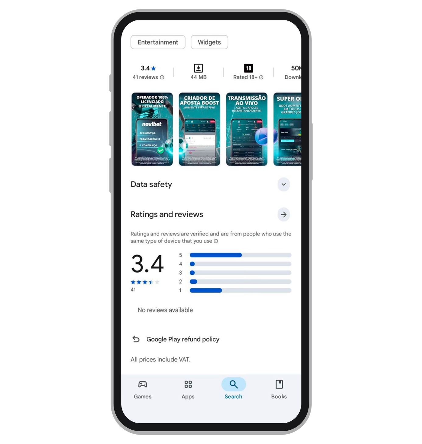 Avaliação do app Novibet pelos usuários da plataforma