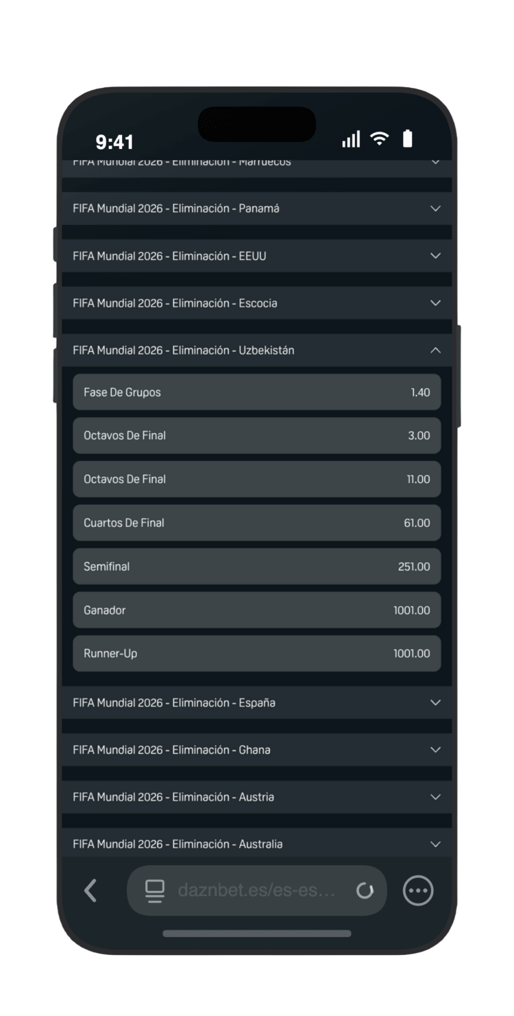 Pulsa en «Eliminación - Uzbekistán» en DAZN Bet para ver en qué ronda pueden caer los Lobos Blancos