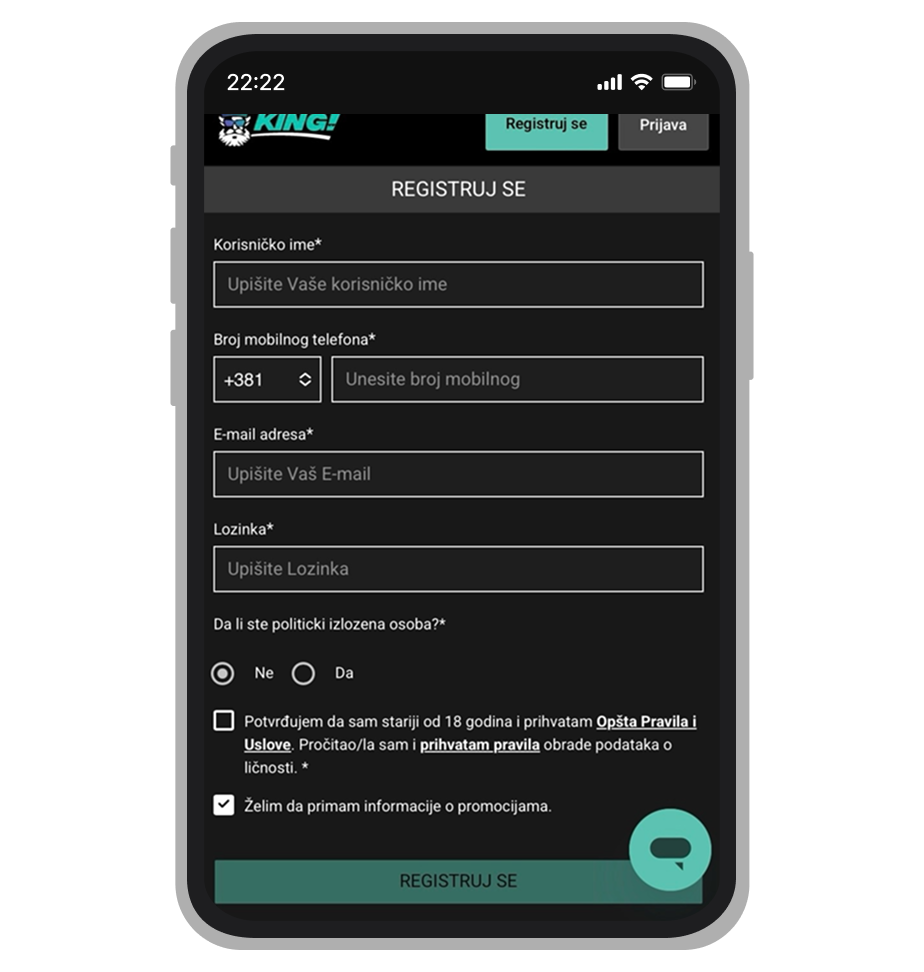 King.rs Formular za registraciju
