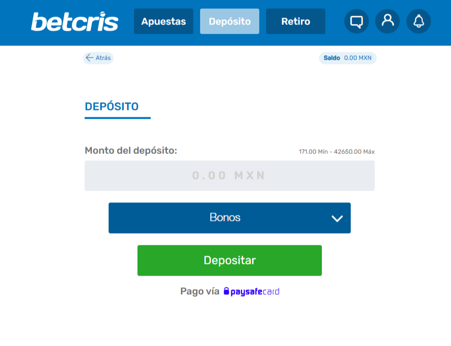 Sección de depósitos en Betcris