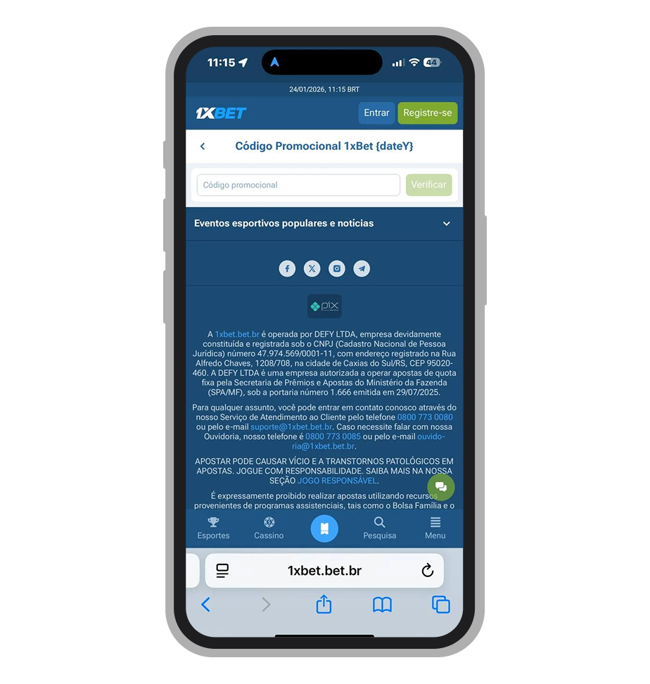 Seção de bônus da 1xBet Brasil sem promoções ativas e apenas o campo para inserção de código promocional 
