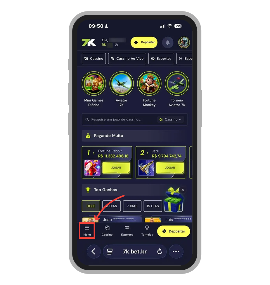 Acesse o menu lateral da tela inicial do site ou app 