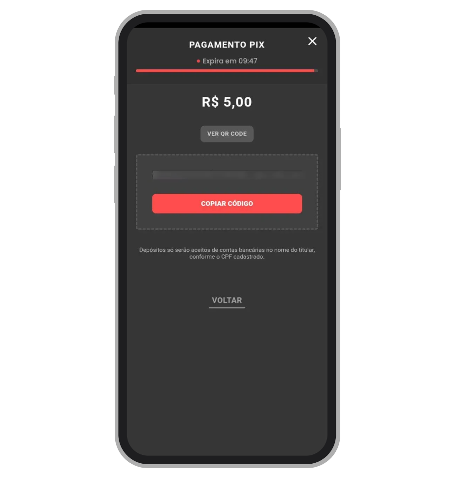 Tela de geração do Pix com valor definido e opções “Ver QR Code” e “Copiar código”