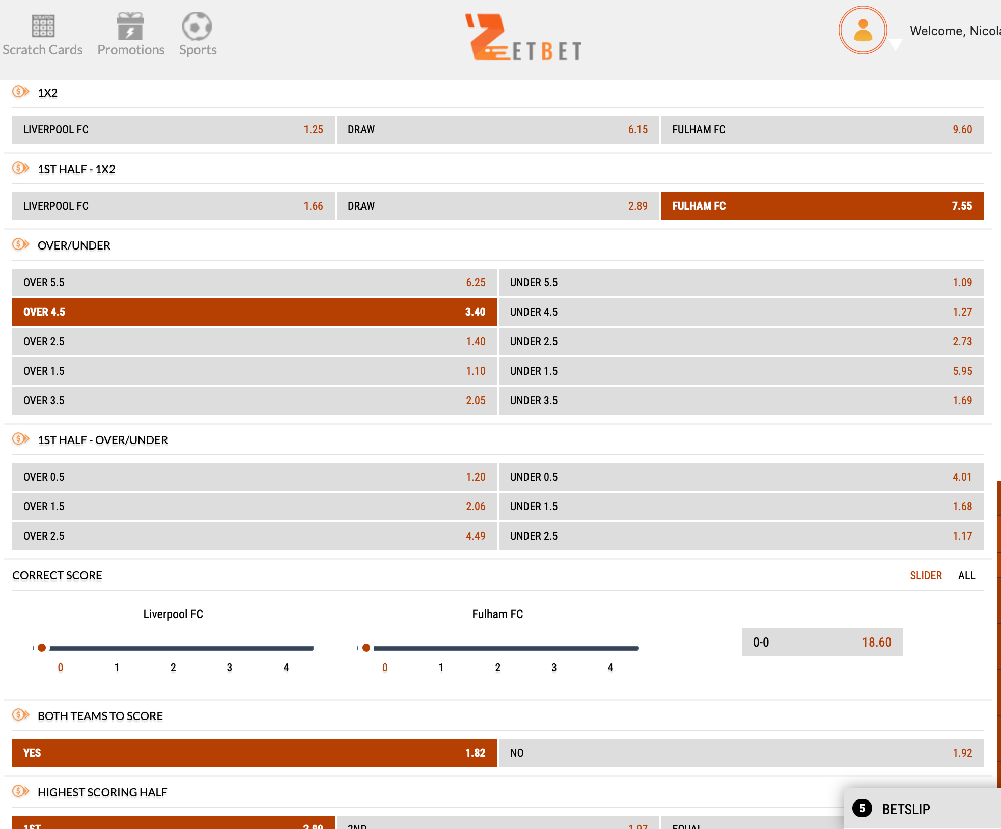 Choose a game and betting markets