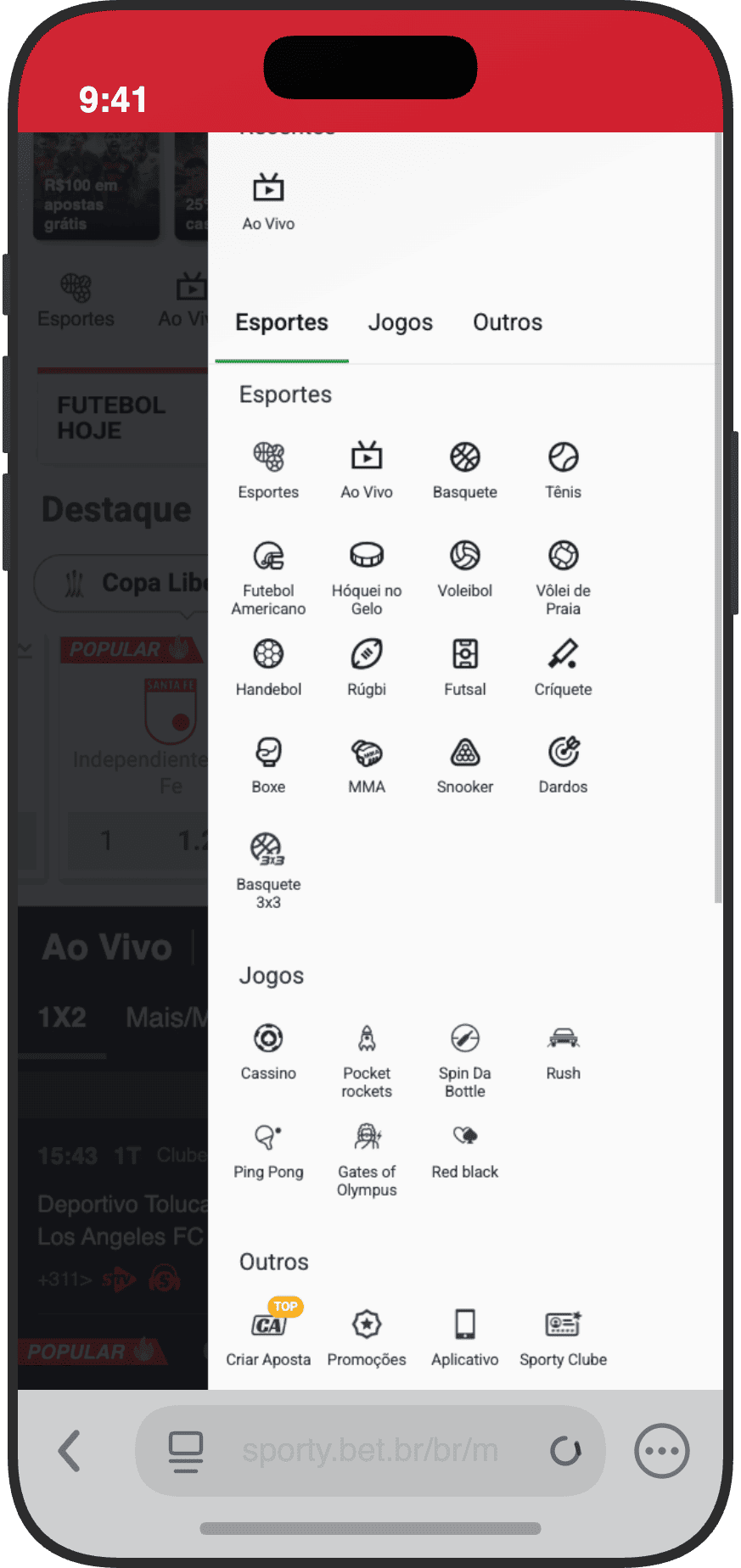 Menu completo da SportyBet com 17 esportes, jogos de cassino e funcionalidades extras