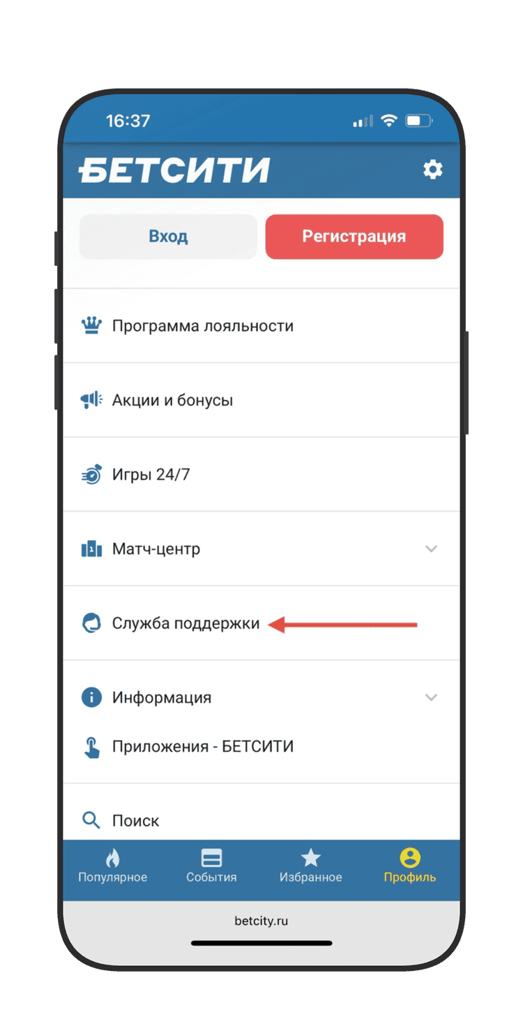 Меню профиля — переход в «Службу поддержки»