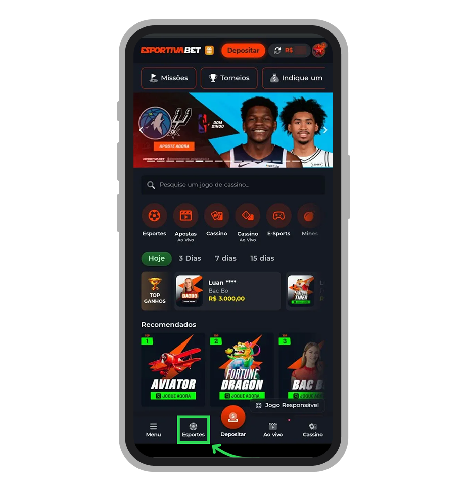 Toque na aba “Esportes” na tela inicial do app da Esportiva.bet