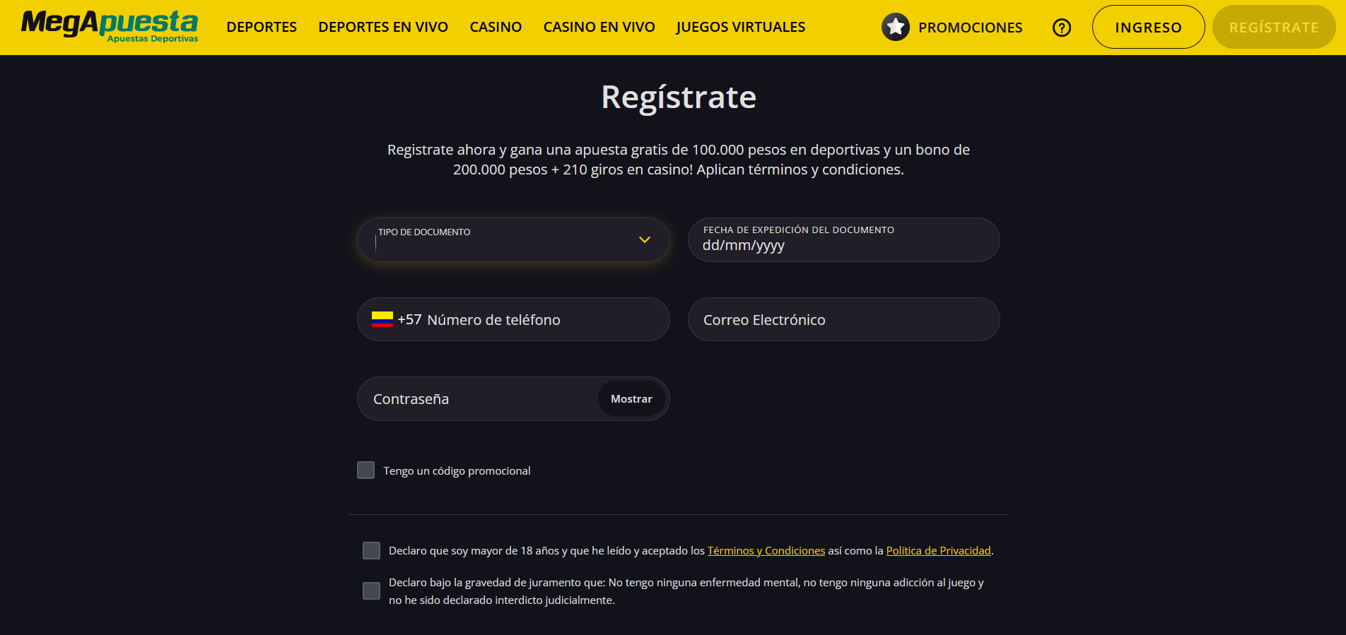 Forma de registro de Megapuesta