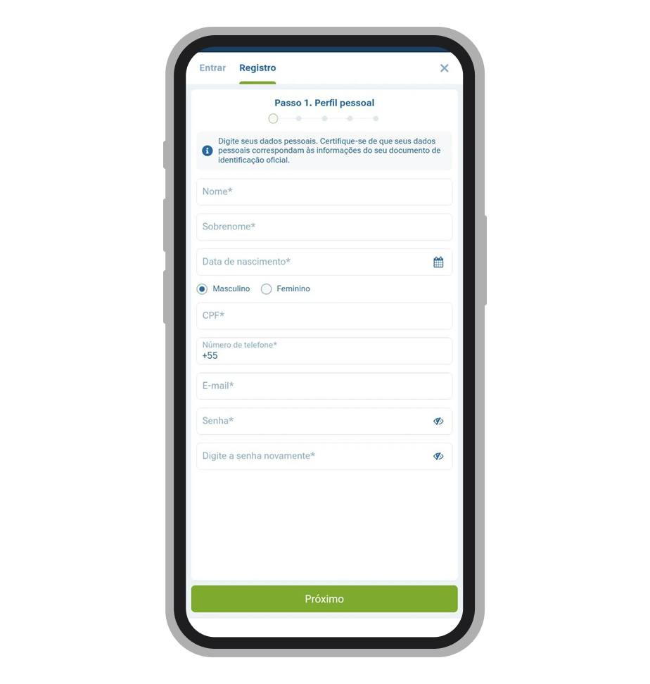 Preencha o formulário de cadastro da 1xBet