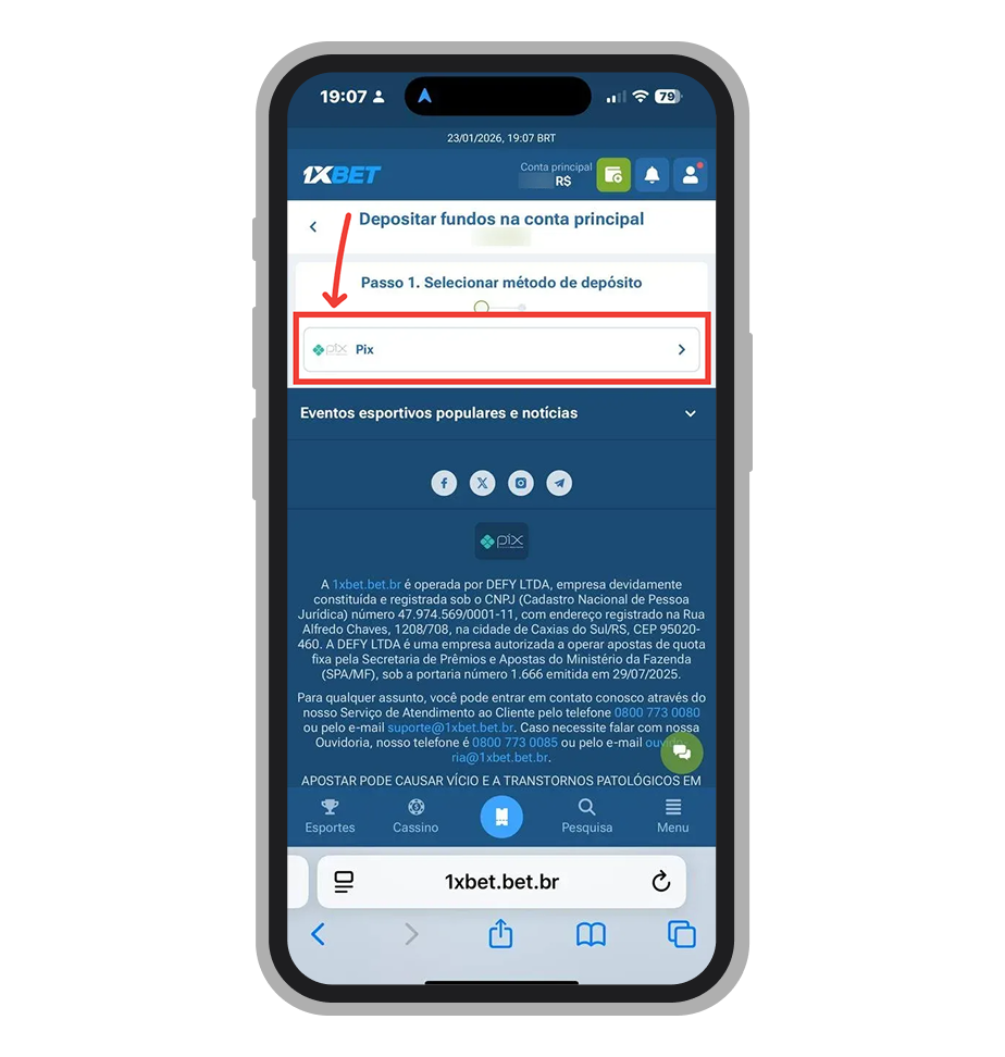 Selecione o método Pix para depositar no aplicativo 1xBet