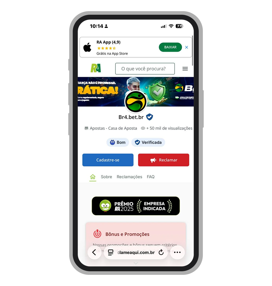 A página do cassino Br4Bet no ReclameAqui