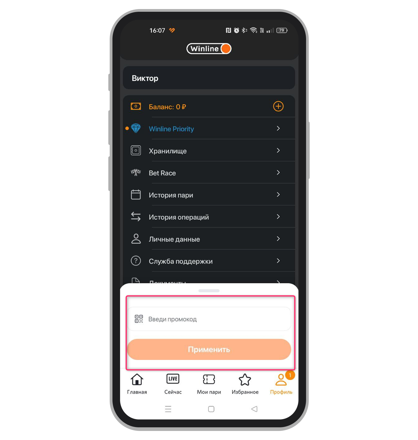 Поле для ввода промокода в личном кабинете