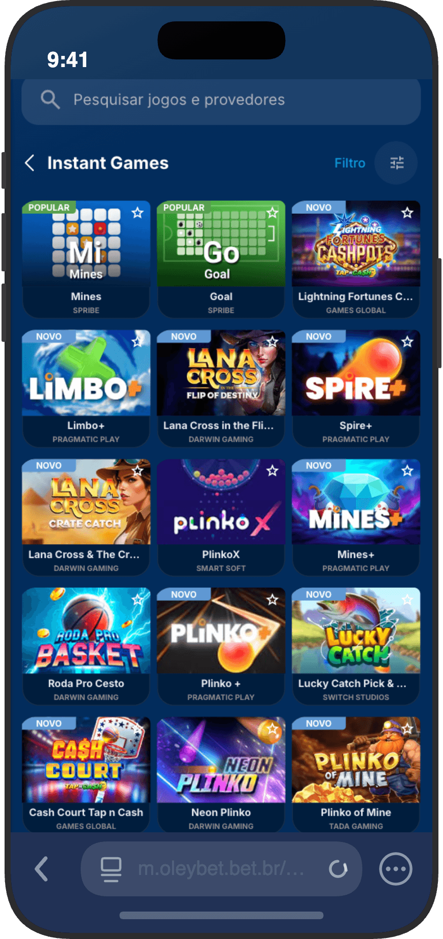 Seção de instant games do cassino OleyBet com Mines Goal Plinko e variantes de jogos rápidos