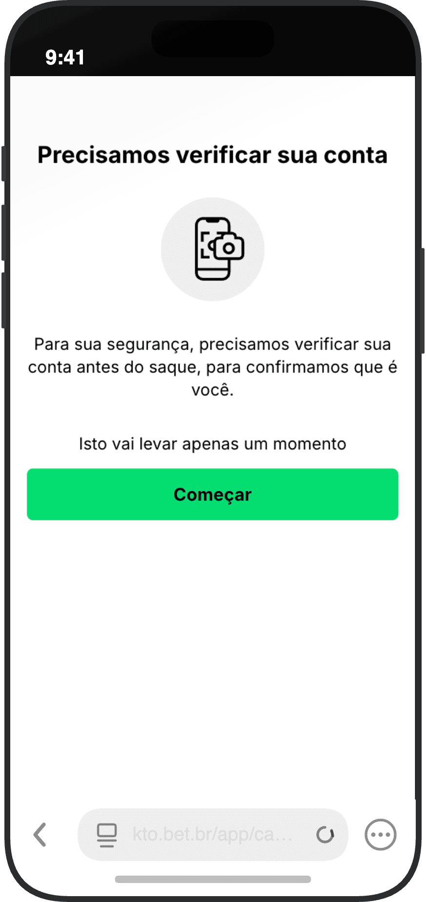 Tela de verificação de identidade do KTO exigida antes do primeiro saque com selfie