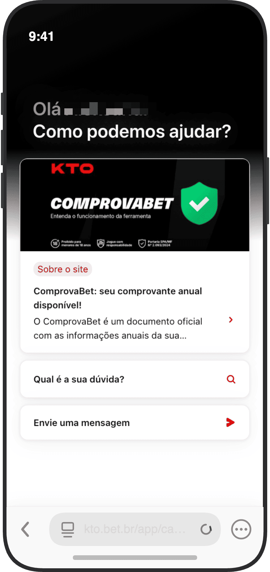 Central de ajuda do KTO com ComprovaBet, campo de busca e opção de enviar mensagem via chat
