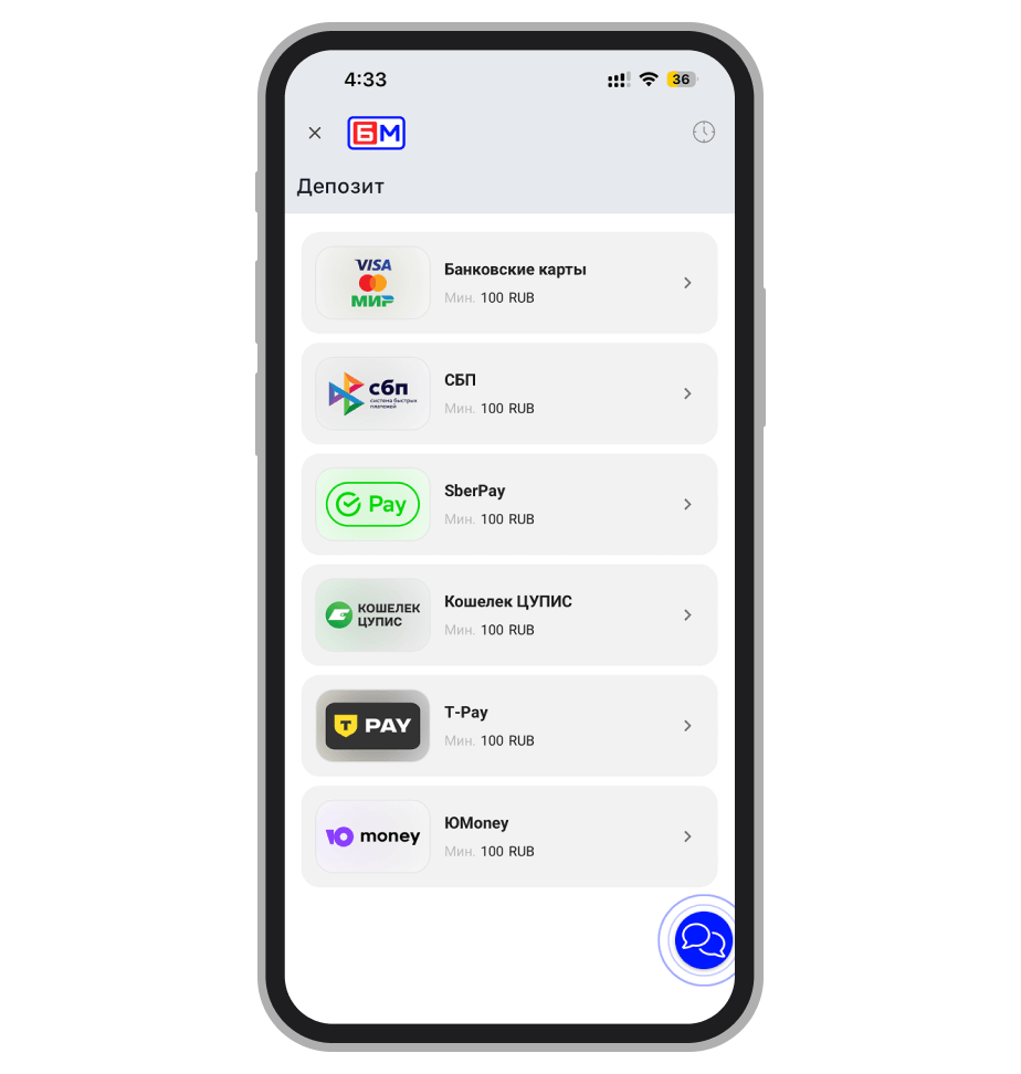 Доступные методы пополнения