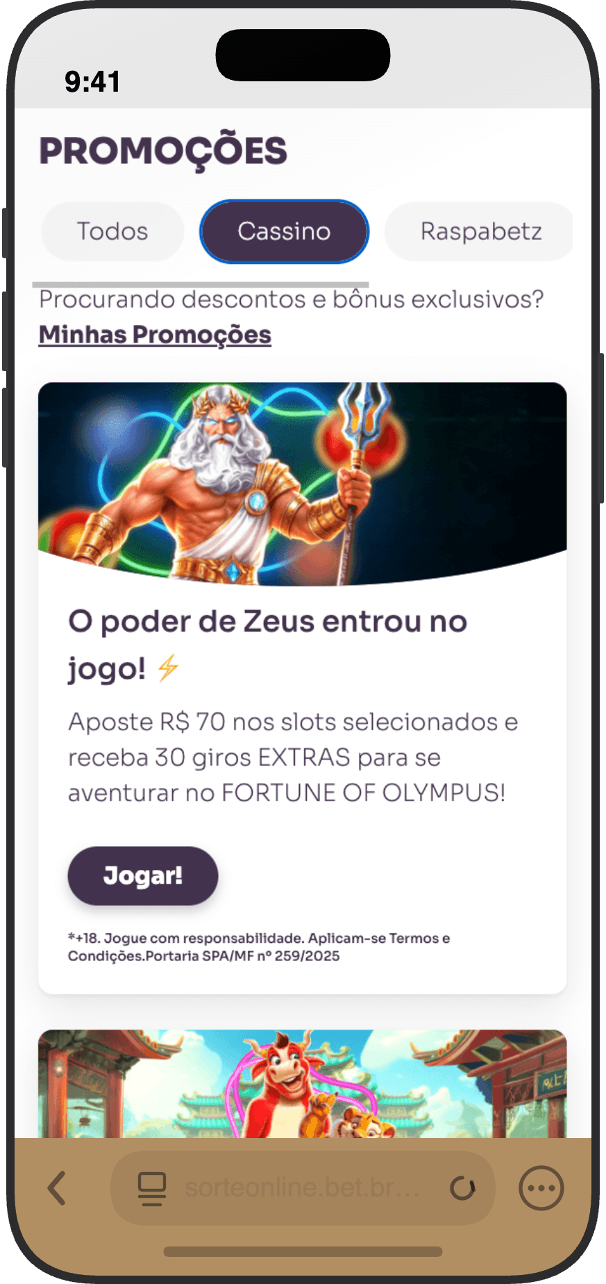Página de promoções do cassino Sorte Online com filtros