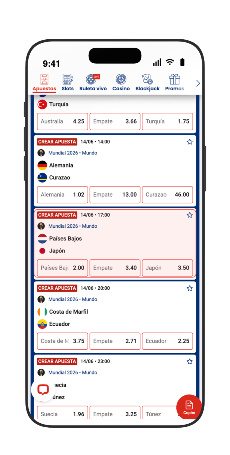 Localiza Países Bajos vs Japón (14/06) en la lista del Mundial 2026 en JOKERBET