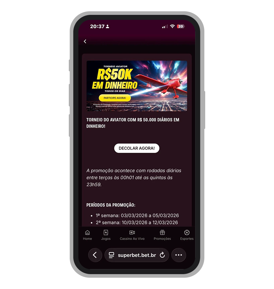 Página do torneio diário de Aviator na Superbet com premiação de R$ 50.000