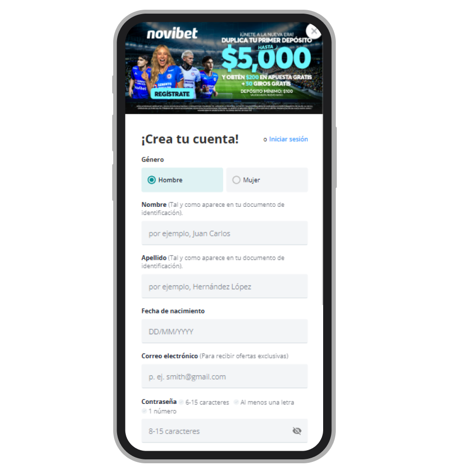 Formulario de registro de Novibet