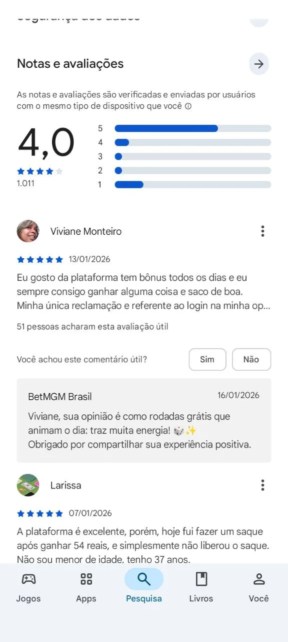 Avaliações da BetMGM app na Google Play 