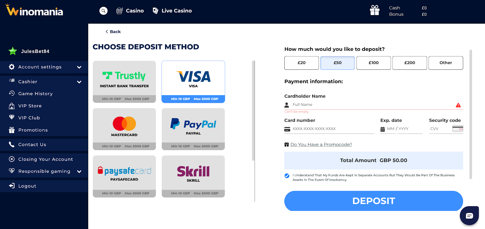 Enter your payment details and confirm your deposit