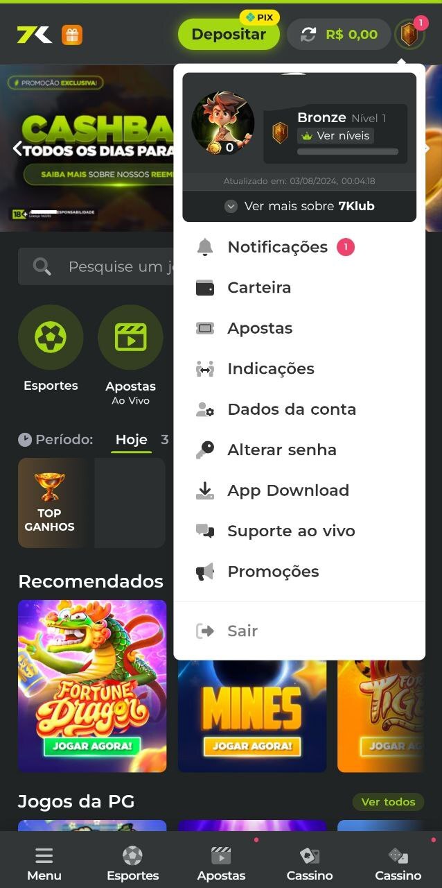 Menu superior no aplicativo