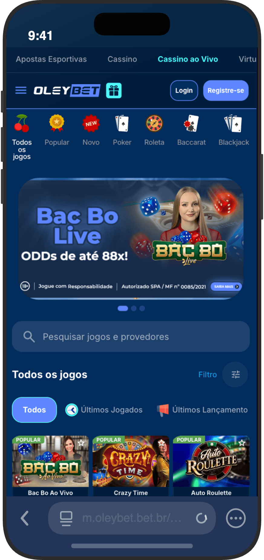 Lobby do cassino ao vivo da OleyBet com categorias de roleta baccarat blackjack e poker