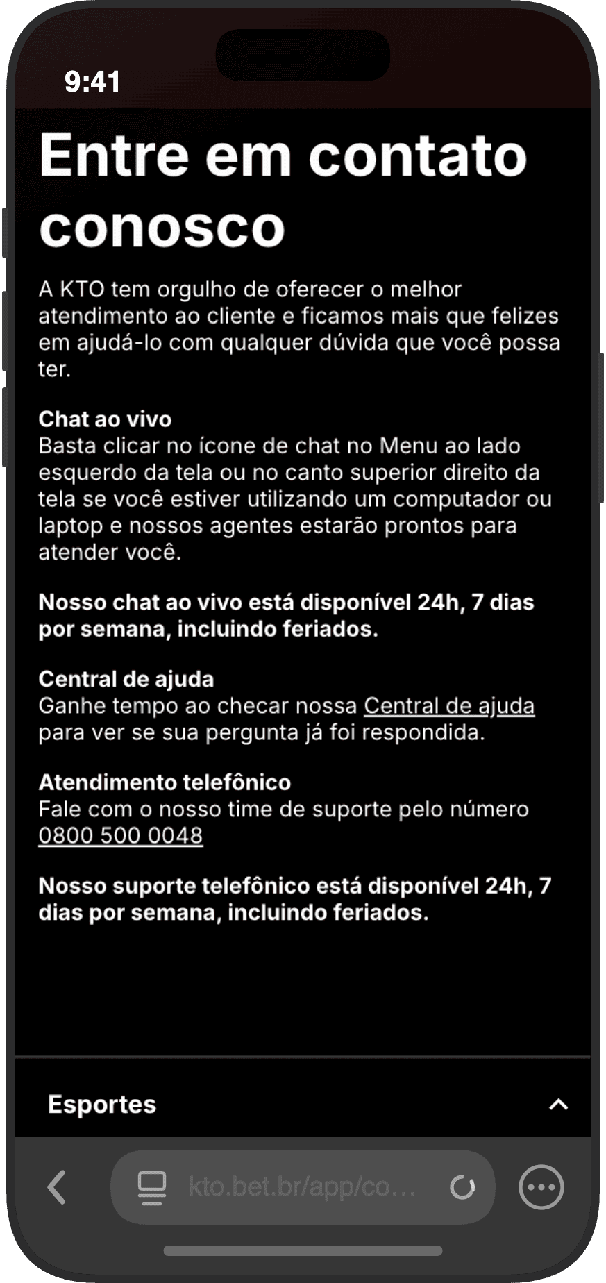 Página de contato do KTO com chat ao vivo 24h e atendimento telefônico 0800 500 0048 disponível 24 horas