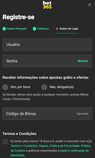 Finalize seu registro na Bet365, optando inserir o código de bônus