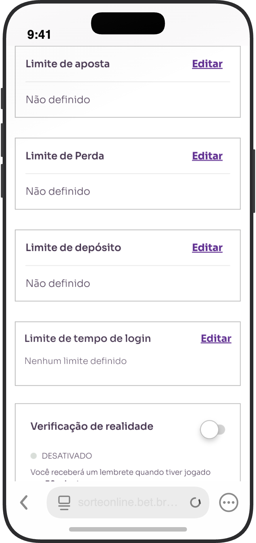 Ferramentas de jogo responsável da Sorte Online com limites de aposta, perda, depósito, tempo de login e verificação de realidade