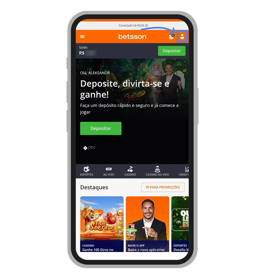 Toque no ícone de perfil na tela inicial do app Betsson