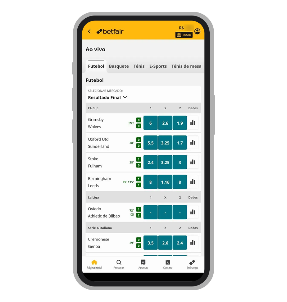 A seção de apostas ao vivo do app da Betfair