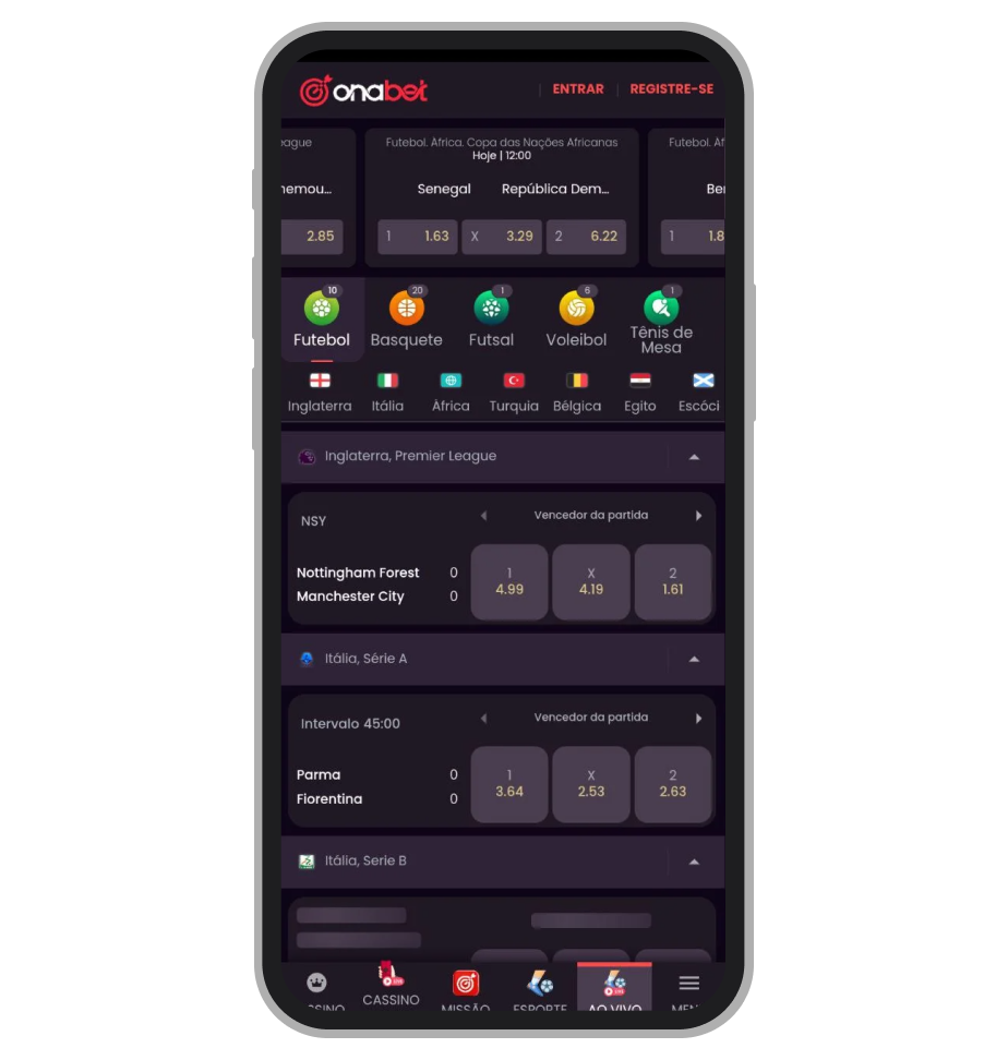 Tela “Ao Vivo” com jogos em andamento, ligas/países e odds em tempo real