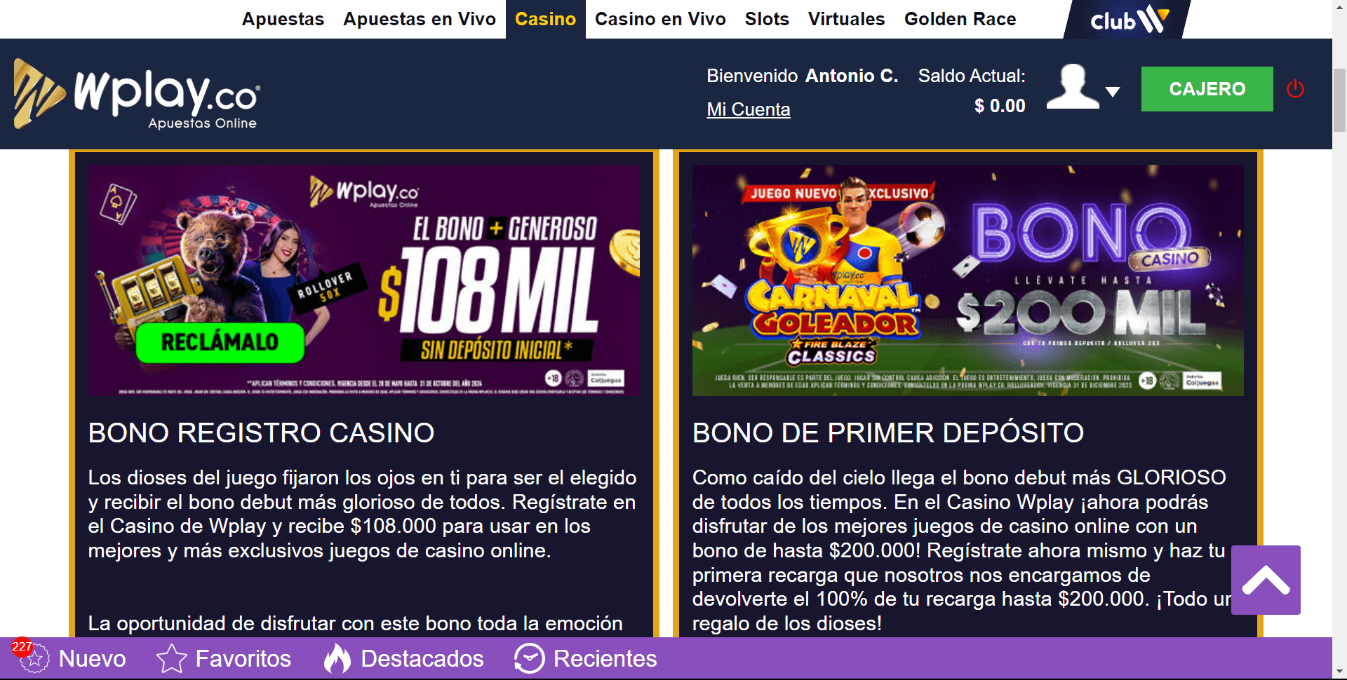 Wplay bono sin depósito + primer depósito