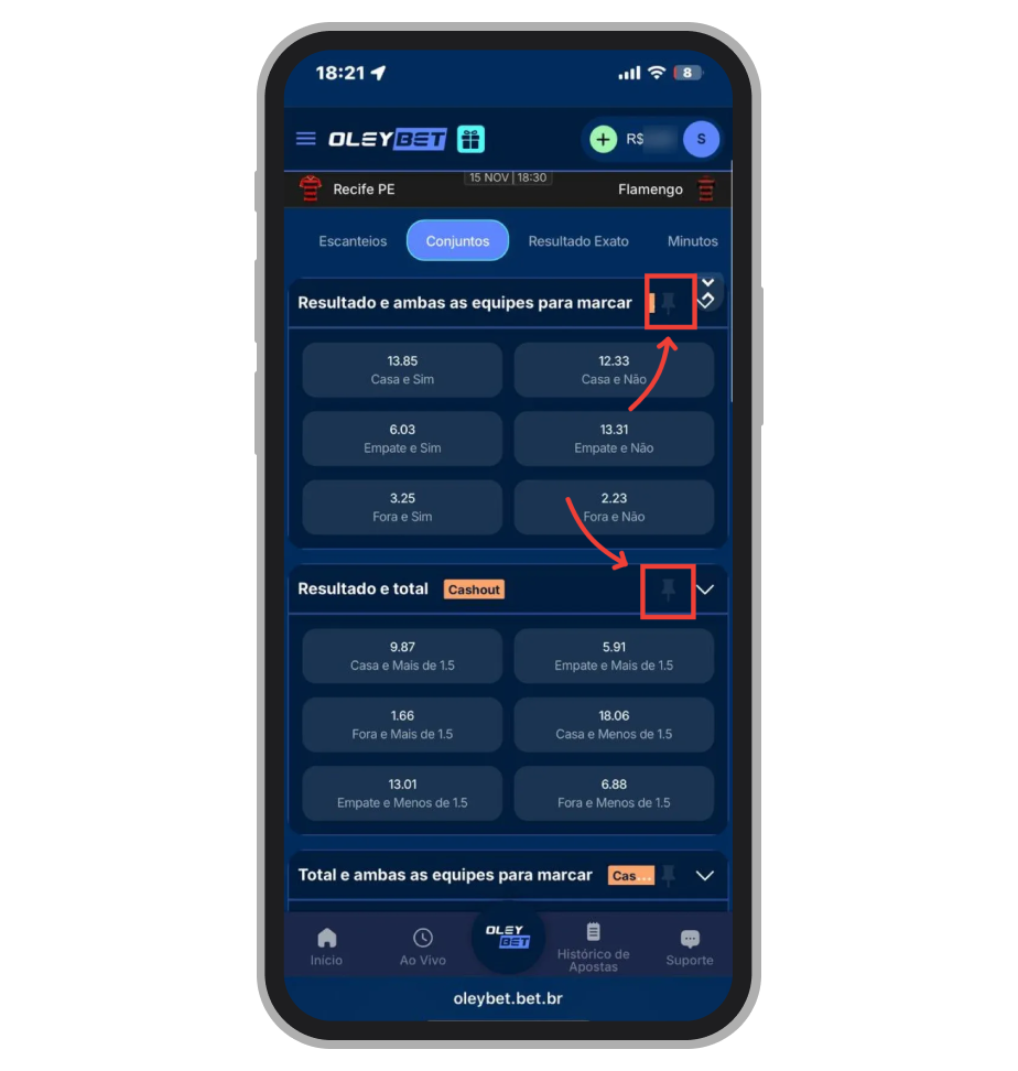 Você pode escolher mercados favoritos a sempre ser mostrados no topo da lista 